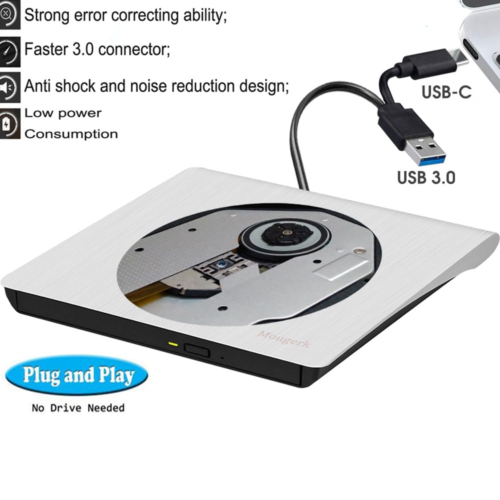 Mougerk Mougerk Portable External DVD Drive Type-C USB 3.0 CD Player for Laptop MacBook Pro Desktops White - View 4 of 7