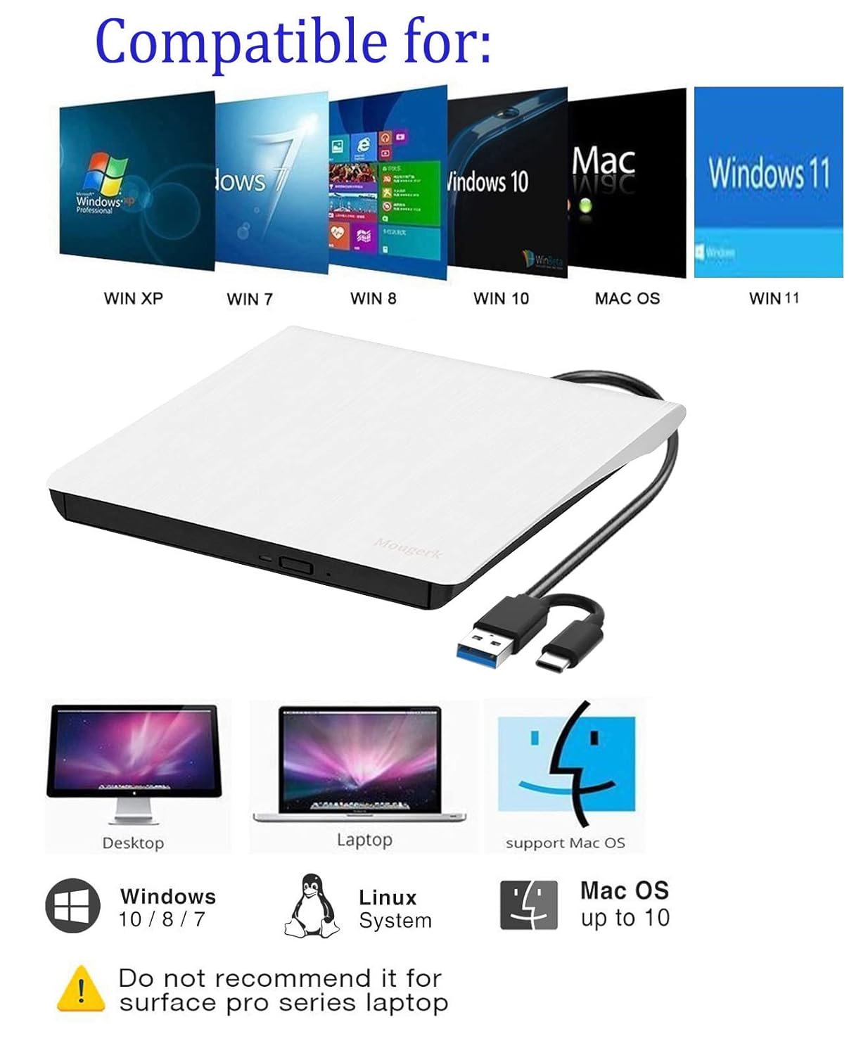 Mougerk Mougerk Portable External DVD Drive Type-C USB 3.0 CD Player for Laptop MacBook Pro Desktops White - View 5 of 7