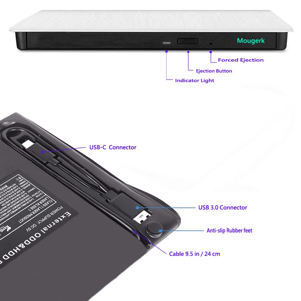 Mougerk Mougerk Portable External DVD Drive Type-C USB 3.0 CD Player for Laptop MacBook Pro Desktops White - View 6 of 7