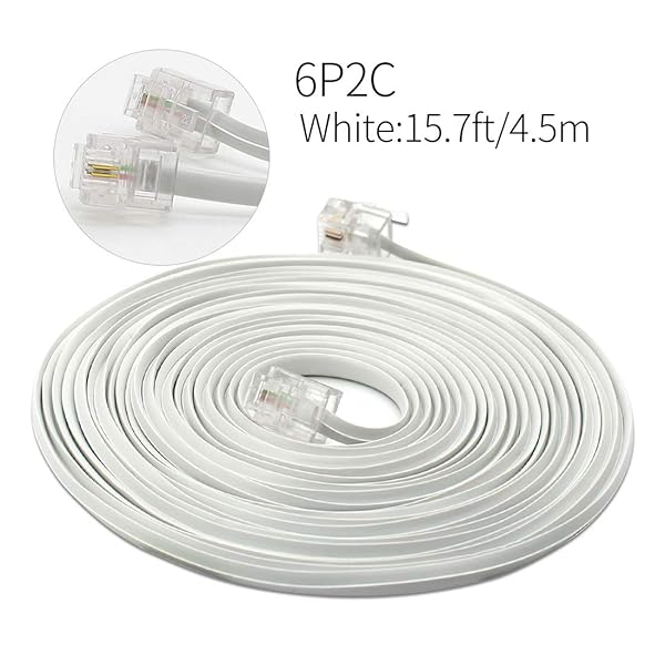 OLIREXD White 15 Feet Telephone Extension Cord Male to Male RJ11 6P2C Cable for Landline Phone Fax Modem Pack of 2 - View 4 of 4