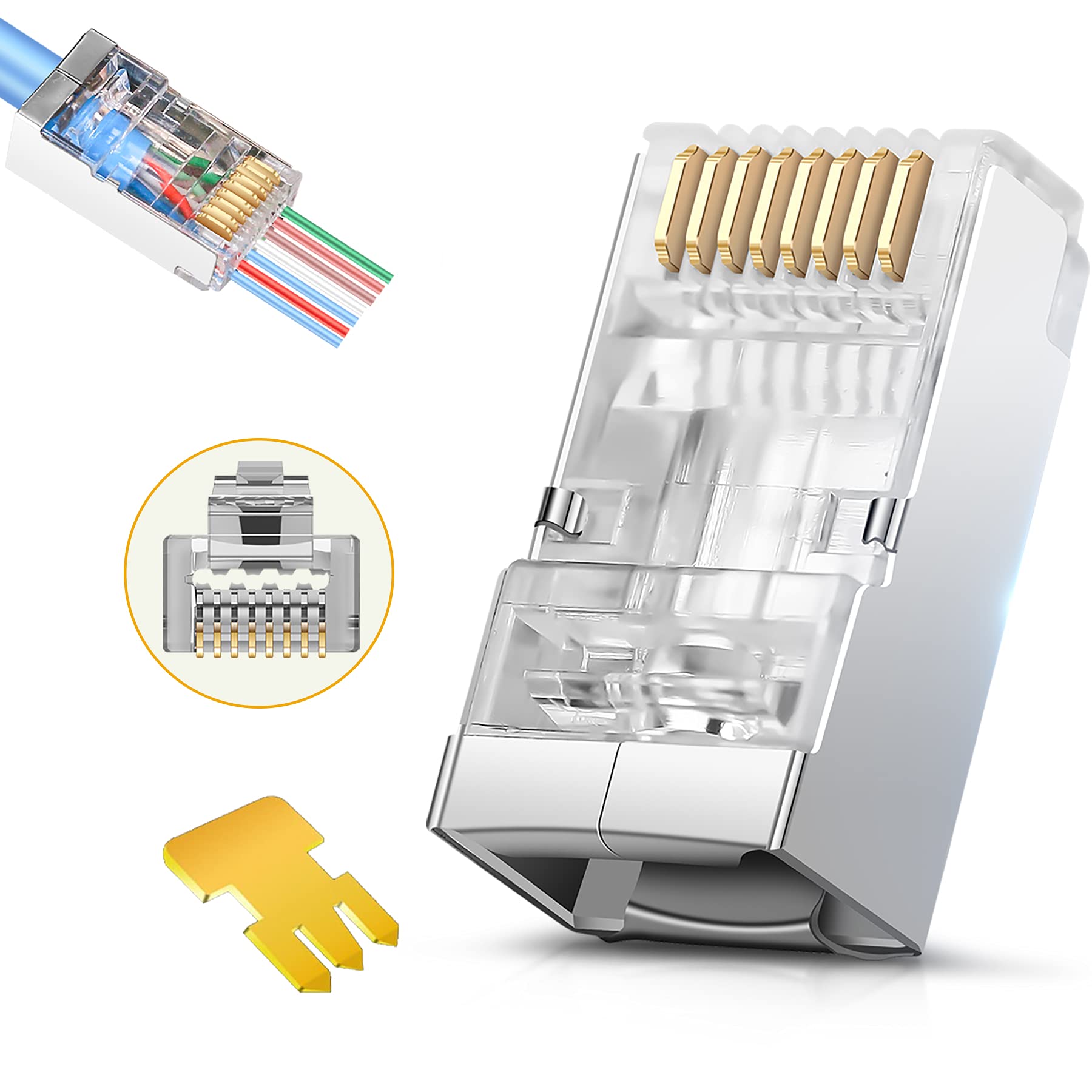 JODROAD JODROAD Gold Plated RJ45 Cat6 & Cat6A Connectors - 50 Pass-Through Modular Plugs for Ethernet Cables