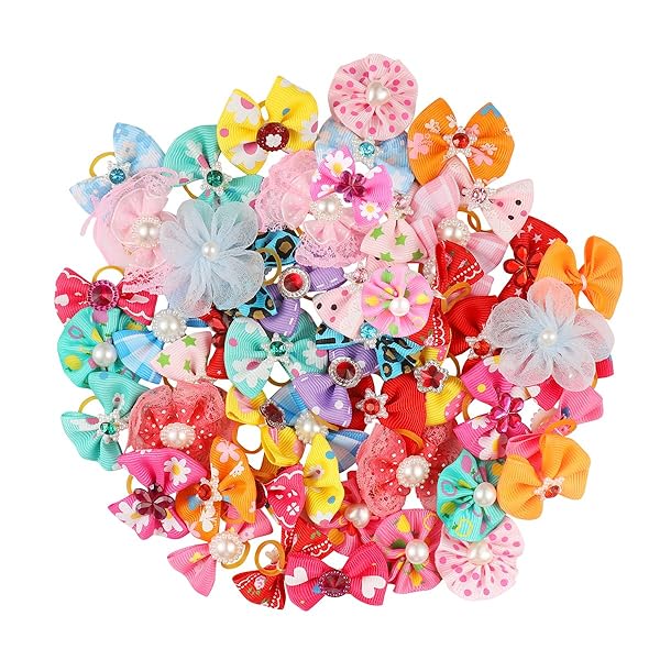 POPETPOP 50pcs Multicolor Dog Bows with Rubber Bands - Rhinestone & Flower Topknot Hair Accessories for Pets