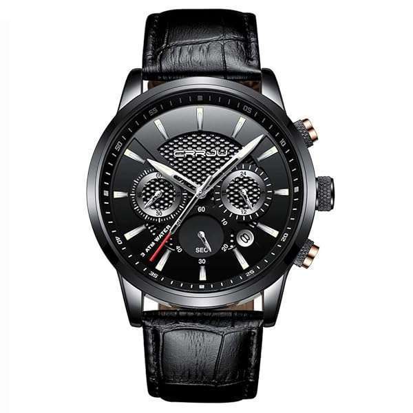 CRRJU Men's Business Wristwatch: Auto Date Japan Quartz with Black Leather Strap - Stylish & Casual