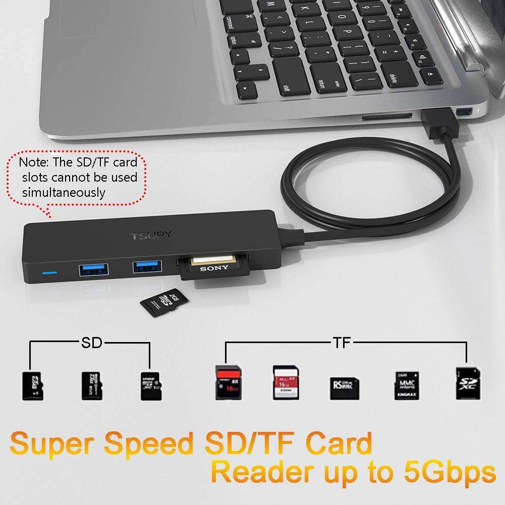 TSUPY TSUPY USB Hub 3.0 Splitter Multi USB Adapter with 4ft Cable SD TF Card Reader 3 USB Ports for PC Laptops Surface Pro MacBook iMac Pro - View 5 of 9