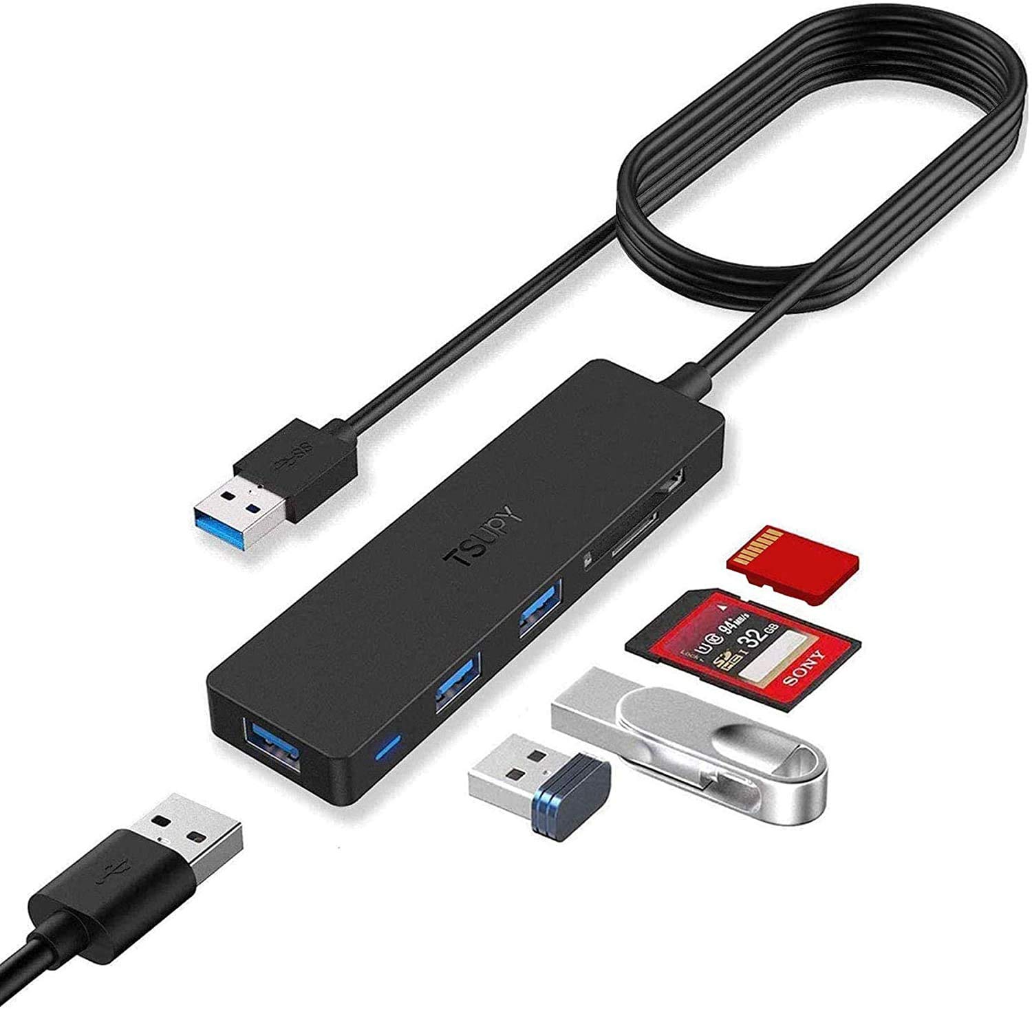 TSUPY TSUPY USB Hub 3.0 Splitter Multi USB Adapter with 4ft Cable SD TF Card Reader 3 USB Ports for PC Laptops Surface Pro MacBook iMac Pro