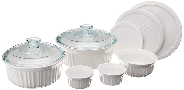 CorningWare CorningWare French White 10-Pc Bakeware Set: Durable, Versatile & Safe for Oven, Microwave, Dishwasher & Freezer