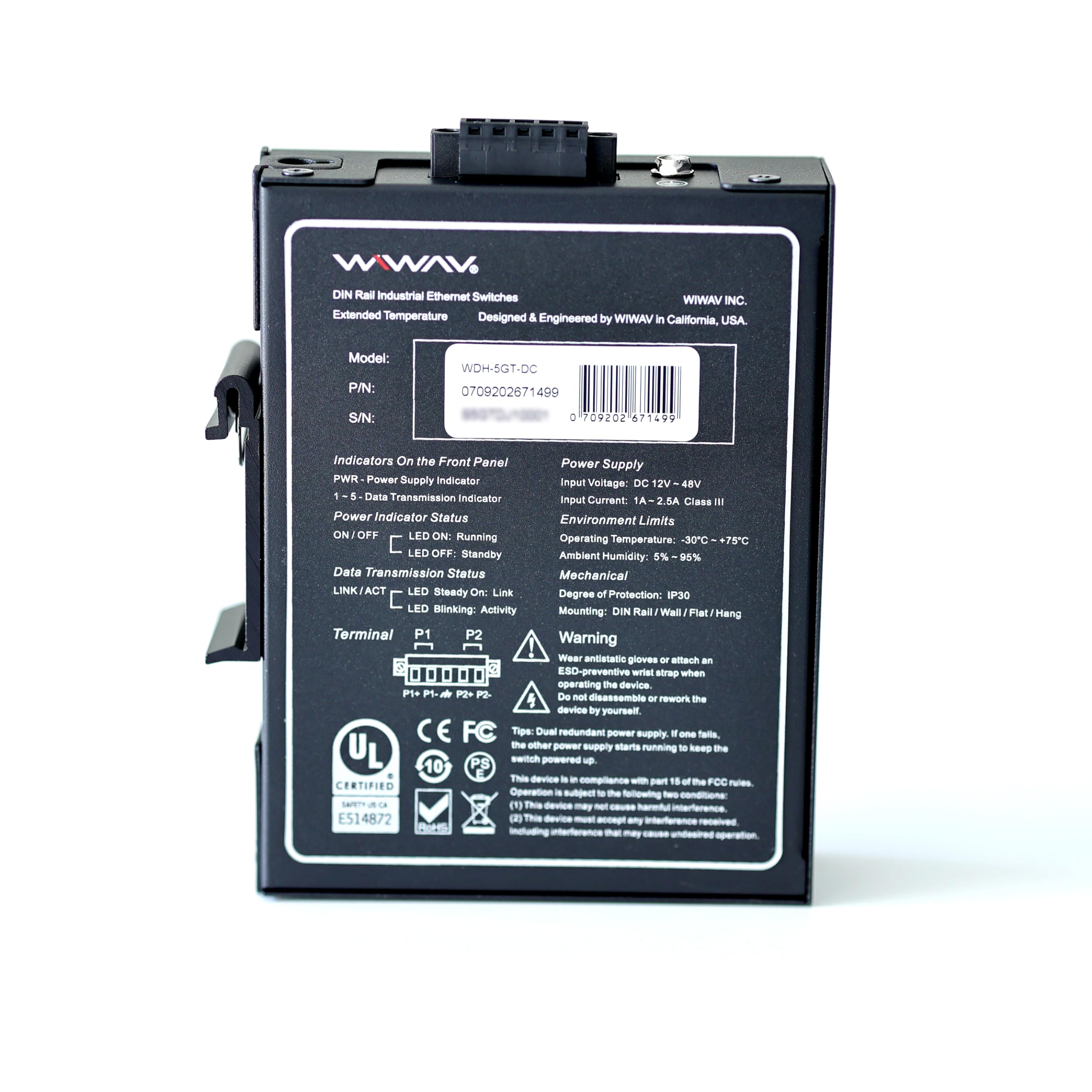 WIWAV WDH-5GT-DC 5-Port Gigabit Unmanaged Ethernet Switch Industrial DIN Rail Wall-Mount UL Listed Fanless Wide Temperature Range - View 2 of 5