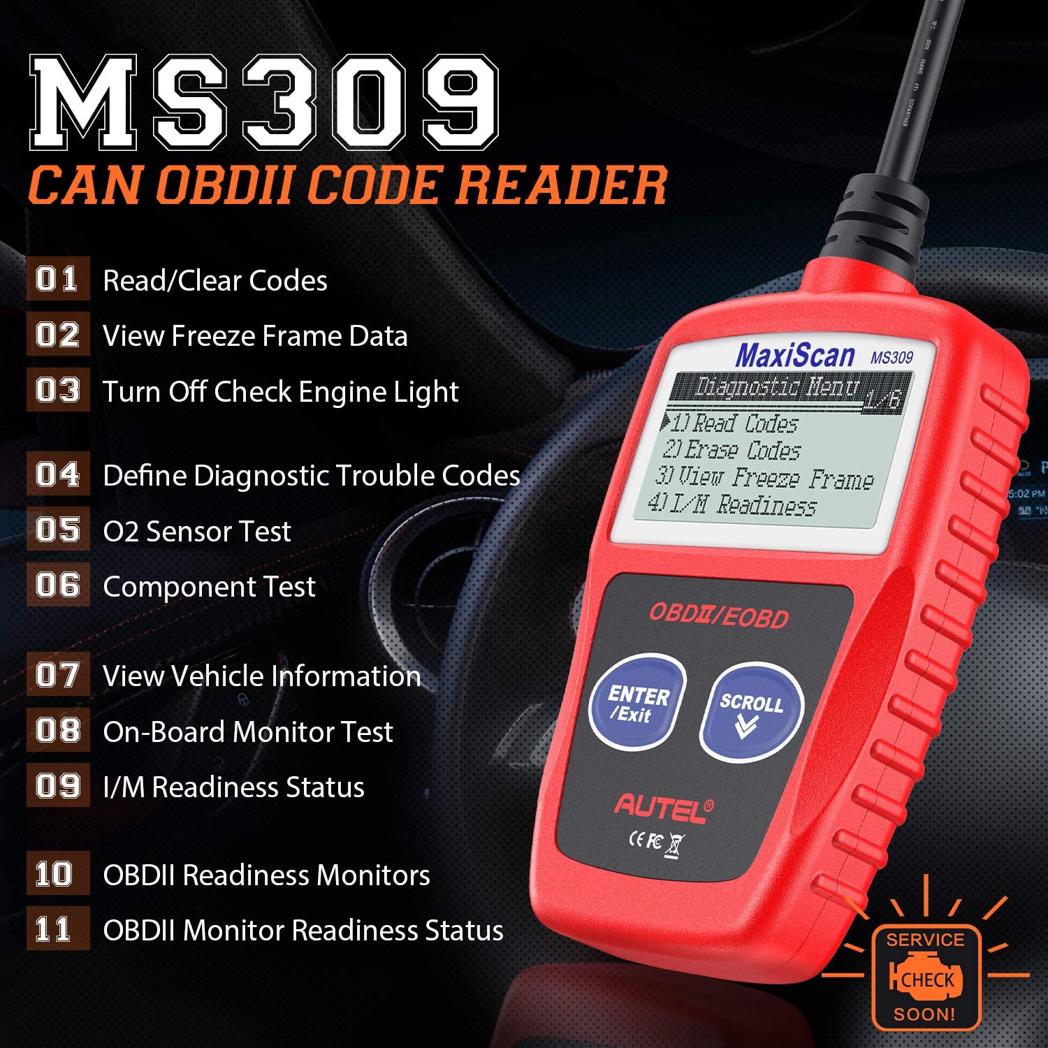 Autel Autel OBD2 Scanner MaxiScan MS309 Car Code Reader for All OBD II Vehicles Check Engine and Emission Monitor Status - View 2 of 7