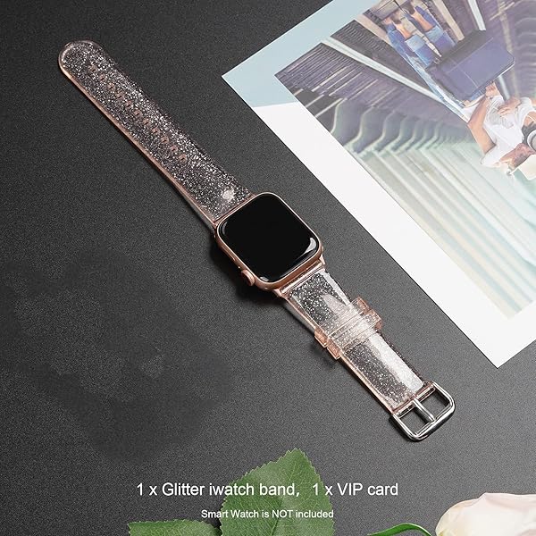 iiteeology iiteeology Soft Glitter Clear Apple Watch Band 42mm 41mm 40mm 38mm for Women Series 1-10 Pink Silver with Rose Gold Connector - View 6 of 9