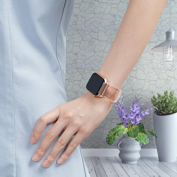 iiteeology iiteeology Soft Glitter Clear Apple Watch Band 42mm 41mm 40mm 38mm for Women Series 1-10 Pink Silver with Rose Gold Connector - View 7 of 9