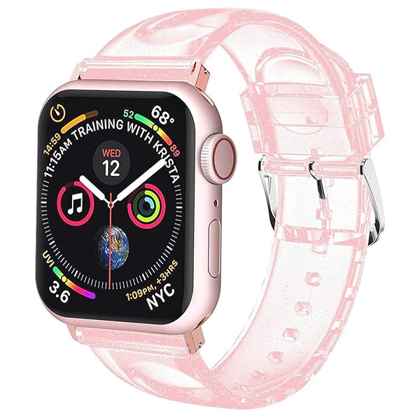 iiteeology iiteeology Soft Glitter Clear Apple Watch Band 42mm 41mm 40mm 38mm for Women Series 1-10 Pink Silver with Rose Gold Connector - View 3 of 9