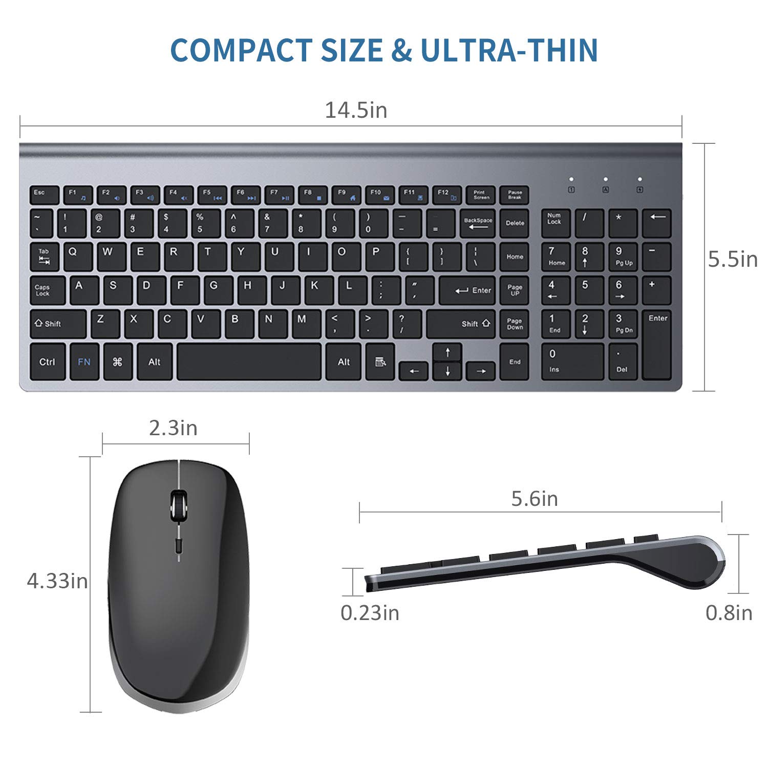 FENIFOX Wireless Keyboard and Mouse Combo Ergonomic Full Size 2.4G USB for PC Laptop Windows MacBook Black Grey - View 2 of 7