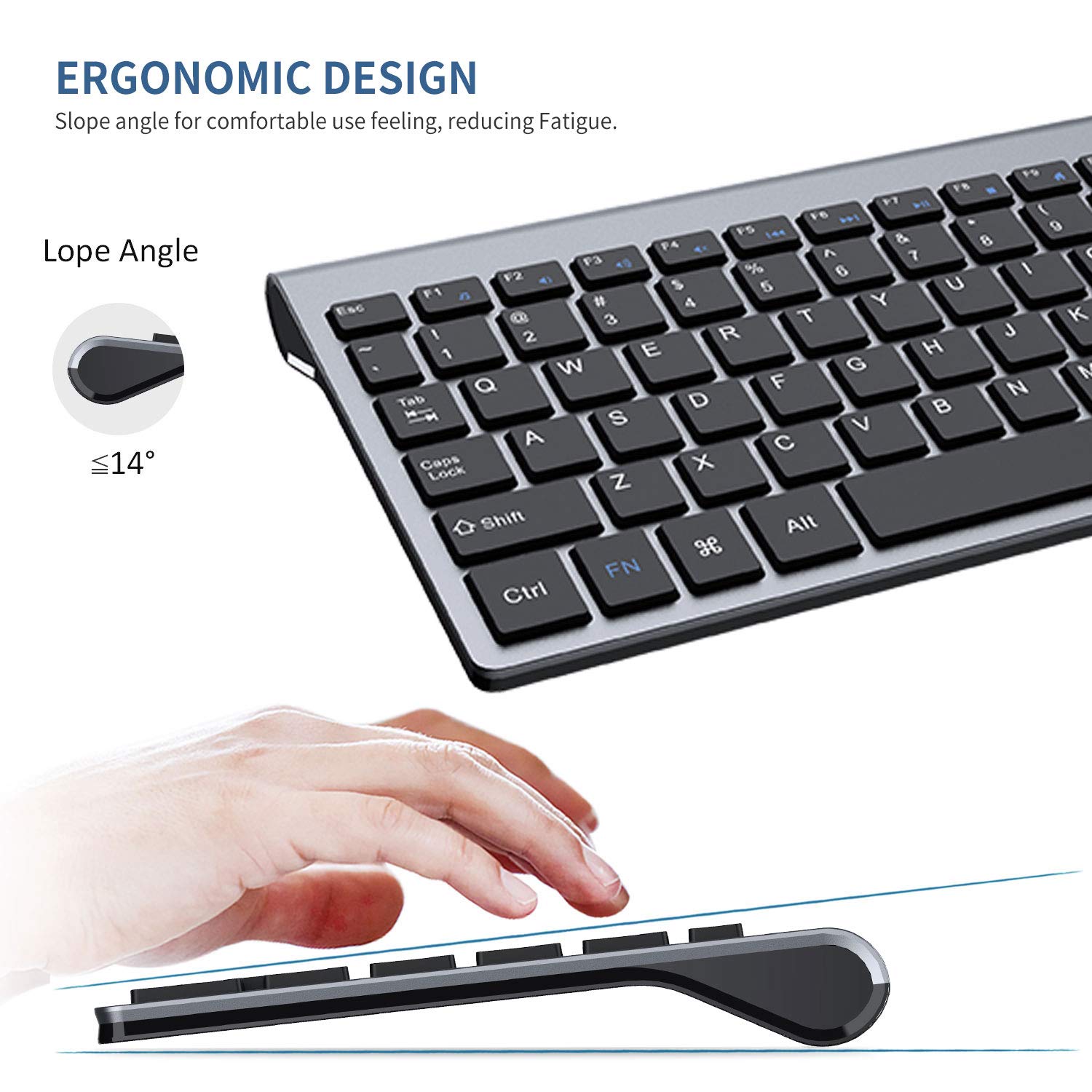 FENIFOX Wireless Keyboard and Mouse Combo Ergonomic Full Size 2.4G USB for PC Laptop Windows MacBook Black Grey - View 3 of 7