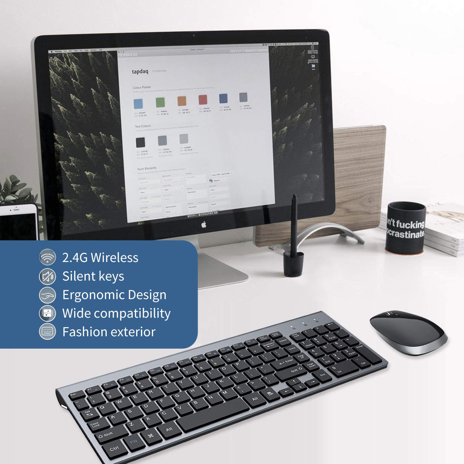 FENIFOX Wireless Keyboard and Mouse Combo Ergonomic Full Size 2.4G USB for PC Laptop Windows MacBook Black Grey - View 5 of 7