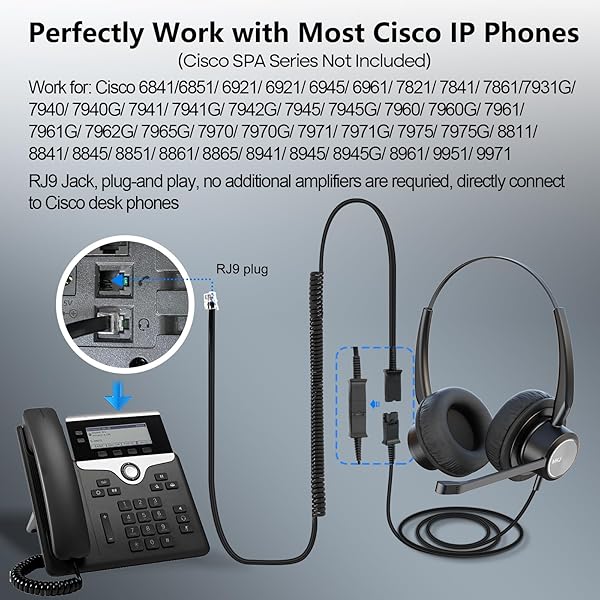 MKJ RJ9 Cisco Headset for Office Phones Noise Cancelling Microphone Compatible with CP-7821 7841 7942G 7945G 7960 7961G 7962G 7965G 7970 7971G 7975G 8811 8841 9951 - View 5 of 7