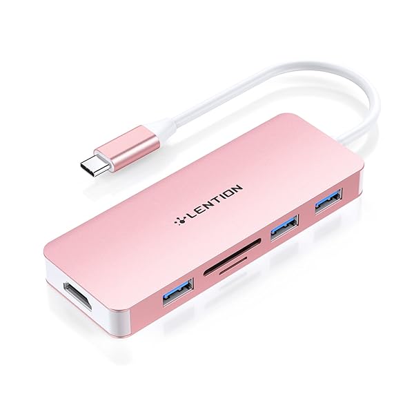 LENTION LENTION USB C Hub with 4K HDMI, 3 USB 3.0, SD/Micro SD Card Reader Compatible 2023-2016 MacBook Pro, New Mac Air/Surface, Stable Driver Certified Multi-Port Adapter (CB-C18, Rose Gold)