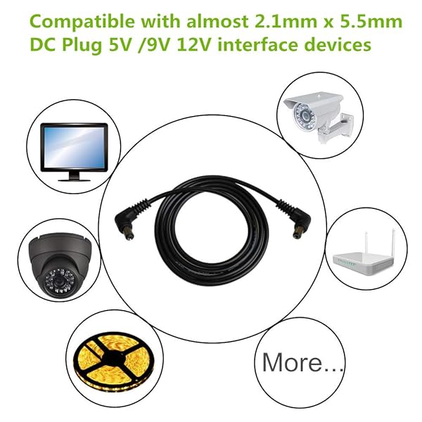 DZYDZR Buy DZYDZR 2pcs 1M DC Extension Cable 2.1mm x 5.5mm - L Type Male to Male, 22 AWG, Max 24V 3A - Durable Black Wire - View 5 of 7