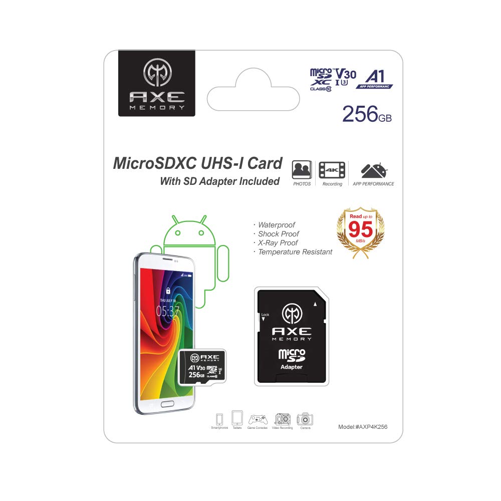 AXE MEMORY AXE MEMORY 256GB Micro SD Card High Speed 4K Ultra Full HD Video UHS-I U3 A1 V30 with SD Adapter Up to 95MB/S - View 7 of 7