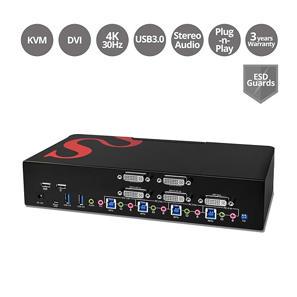 SIIG SIIG 4-Port DVI Dual-Link KVM Switch Smart Console USB 3.0 Multi-Media CE-DV0211-S1 for Efficient Device Management - View 3 of 9