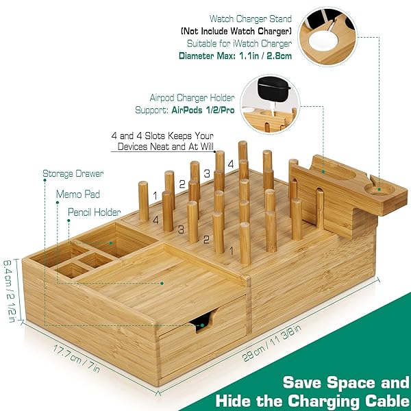 DF DARFOO Darfoo Bamboo Charging Station: 7-Port Organizer for Phones, Tablets, Smartwatches & Earbuds - View 4 of 8