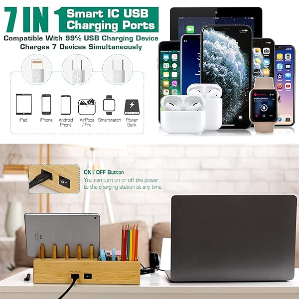 DF DARFOO Darfoo Bamboo Charging Station: 7-Port Organizer for Phones, Tablets, Smartwatches & Earbuds - View 6 of 8