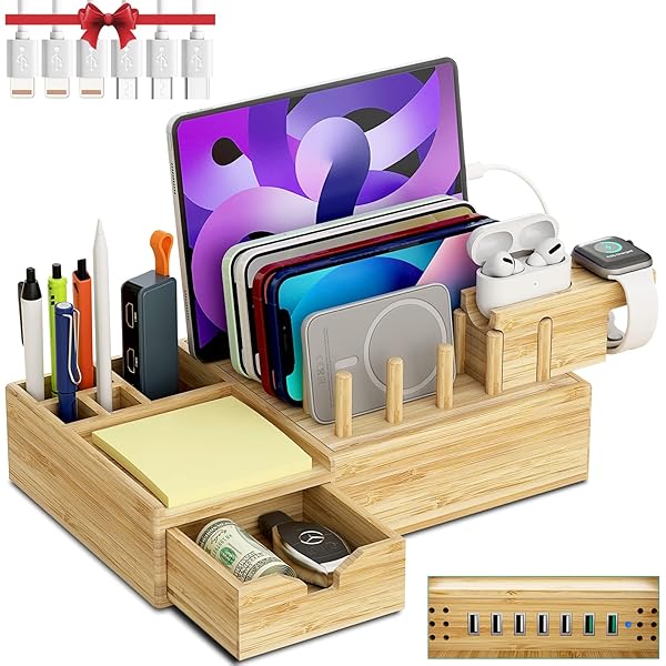 DF DARFOO Darfoo Bamboo Charging Station: 7-Port Organizer for Phones, Tablets, Smartwatches & Earbuds