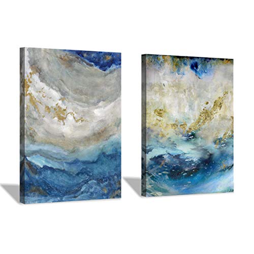 Hardy Gallery Blue Abstract Canvas Wall Art - Beige Print for Bathroom | Small 16'' x 12'' | No Hand-Painted Gold Foils