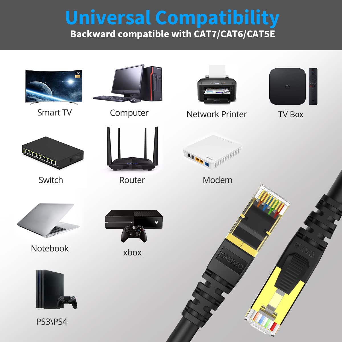 KASIMO 100 ft Cat8 Ethernet Cable High Speed 40Gbps SFTP Shielded Gaming Internet Cable with RJ45 Connector for Router Modem Black - View 4 of 9