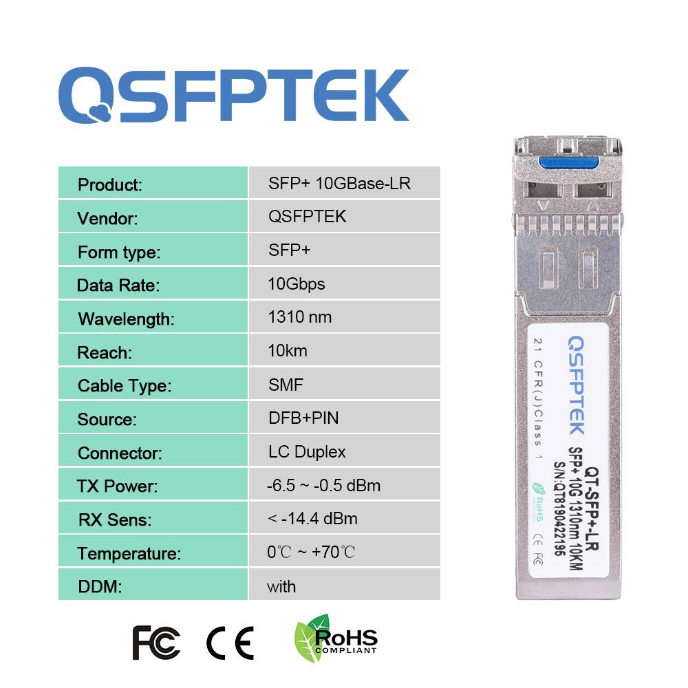 QSFPTEK 10GBASE-LR SFP Plus Transceiver 10Gb SFP Module Single Mode LC Optical Ethernet 10km DDM Compatible with Ubiquiti Mikrotik Netgear - View 6 of 9