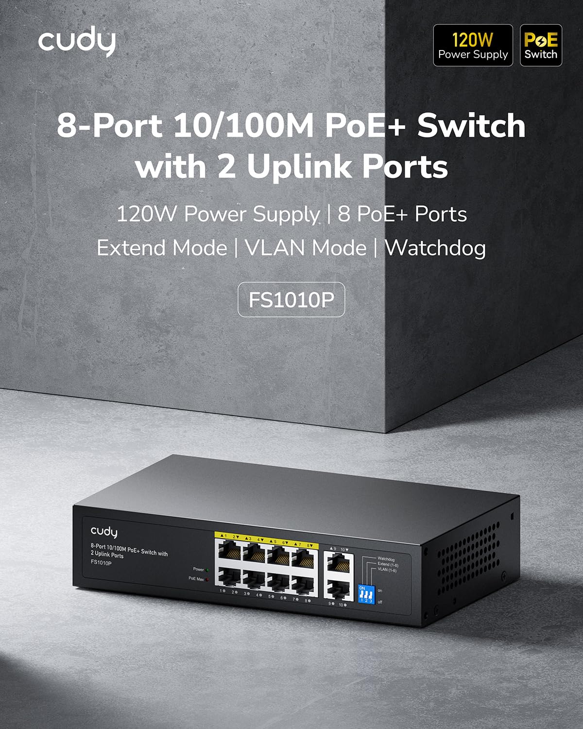Cudy Cudy 8 Port PoE Plus Switch 120W with 2 Uplink Ports Fanless Plug and Play 802.3af 802.3at Extend VLAN Mode 10/100Mbps FS1010P - View 2 of 9