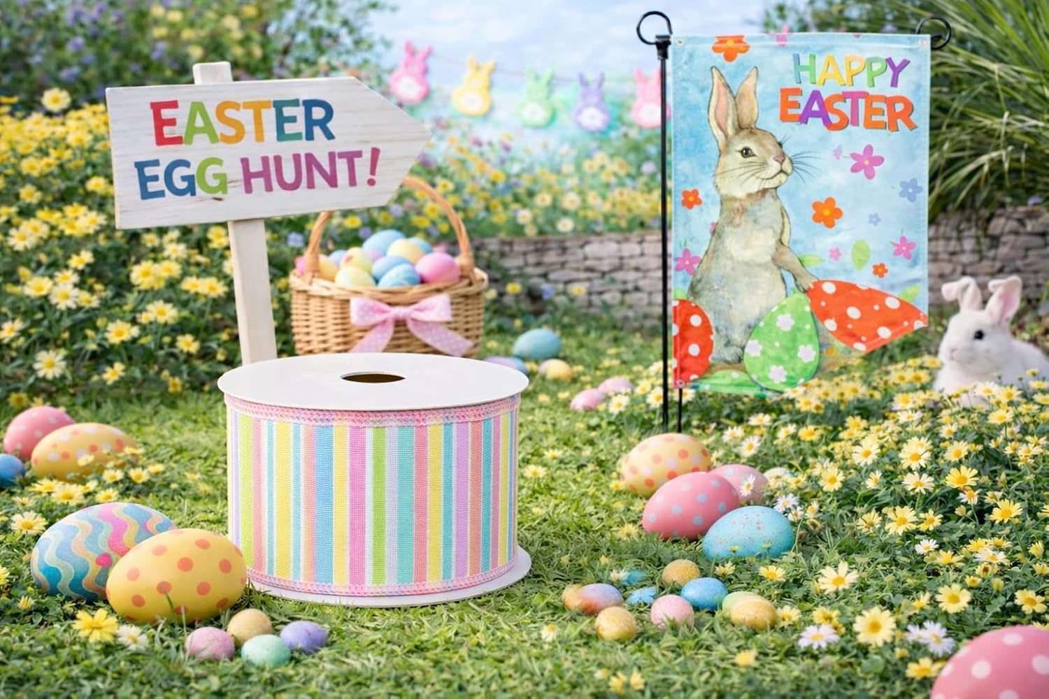 GiftWrap Etc. Colorful Spring Plaid Wired Ribbon 2 1/2 x 10 Yards Green Pink Yellow Blue Checks for Summer Birthday Fundraiser Wreath Gift Bows - View 3 of 9