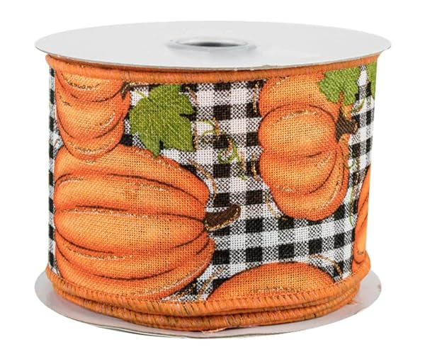 GiftWrap Etc. Pumpkin Patch Plaid Wired Ribbon 2 1/2 x 10 Yards Black White Buffalo Check for Fall Decor Halloween Thanksgiving Bows Autumn Wreath - View 2 of 4