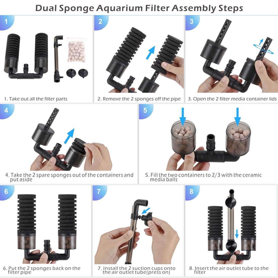 hygger Hygger Double Sponge Filter for Aquariums Ultra Quiet with Replaceable Media and Biochemical Sponges Ideal for 15 to 55 Gallon Fish Tanks - View 5 of 6