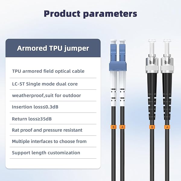 Jeirdus Jeirdus 100ft Outdoor Armored Duplex 9/125 SM Fiber Optic Cable LC to ST - 30m Jumper Patch Cord - View 2 of 7