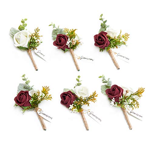 Ling's Moment 6pcs Men's Boutonniere Burgundy White Artificial Flowers for Wedding Decor Prom Homecoming