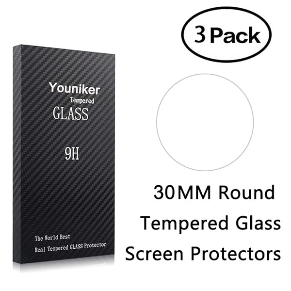 Youniker 3 Pack Universal Round Watch Screen Protector 30MM Tempered Glass Anti-Scratch Anti-Fingerprint Bubble Free 9H Hardness