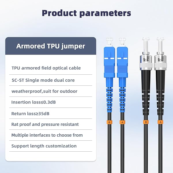 Jeirdus Jeirdus 10M SC to ST Outdoor Armored Duplex Fiber Optic Cable Jumper - Singlemode 9/125 SMF Patch Cord 33ft - View 3 of 8