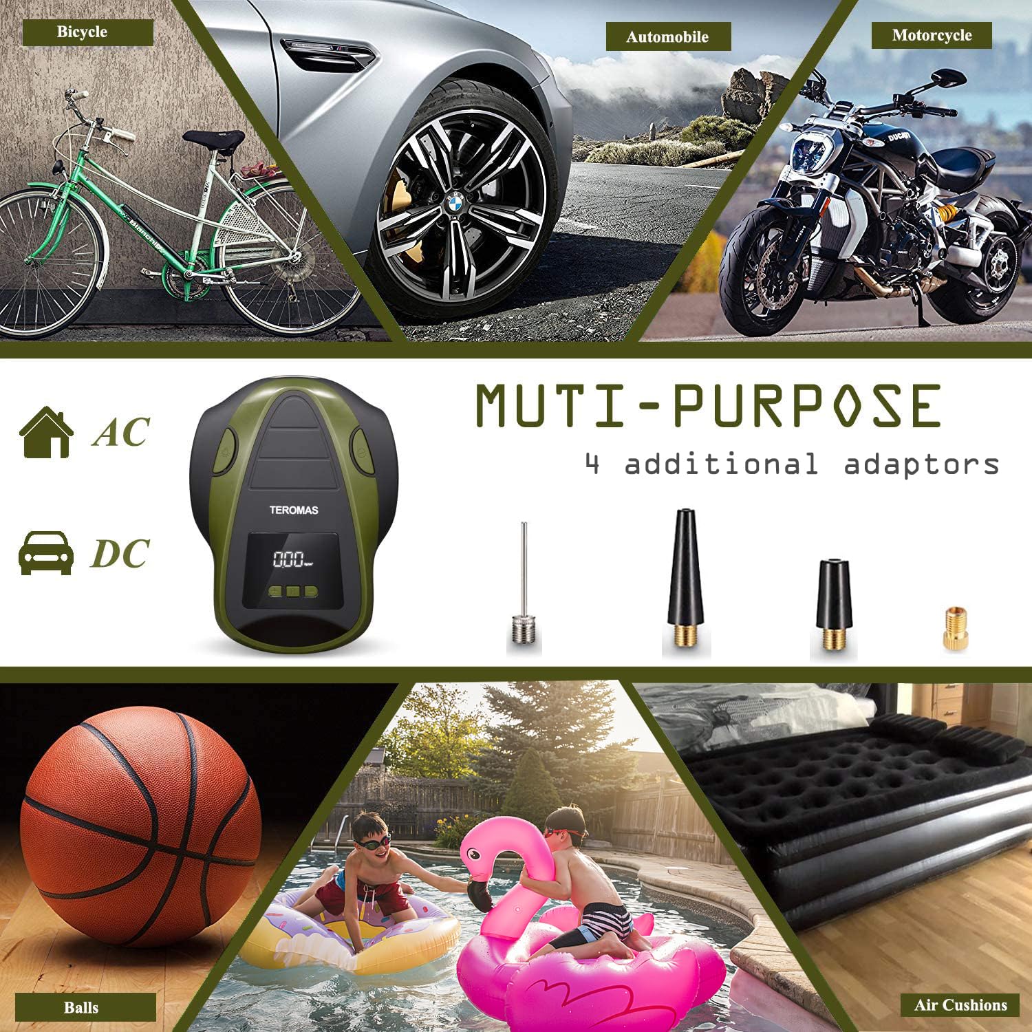 TEROMAS TEROMAS Portable Tire Inflator Air Compressor for Car and Home 12V DC 110V AC Digital Pump with Pressure Gauge Red - View 3 of 6