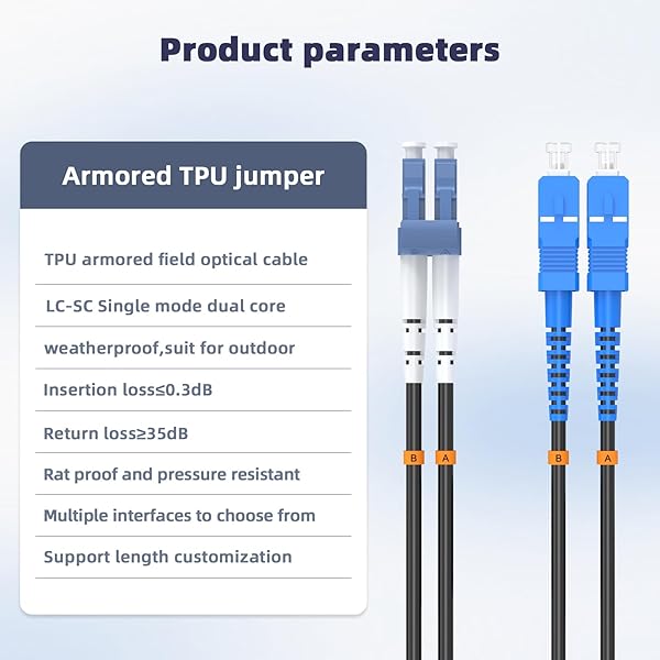 Jeirdus Jeirdus 10M LC to SC Outdoor Armored Duplex 9/125 SMF Fiber Optic Cable Jumper - High-Quality Singlemode Patch Cord - View 3 of 8