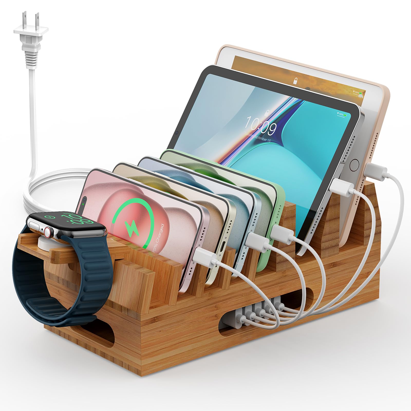 Pezin & Hulin Pezin & Hulin Bamboo Charging Station: 5-Port USB Dock & Organizer for Phones, Tablets & More