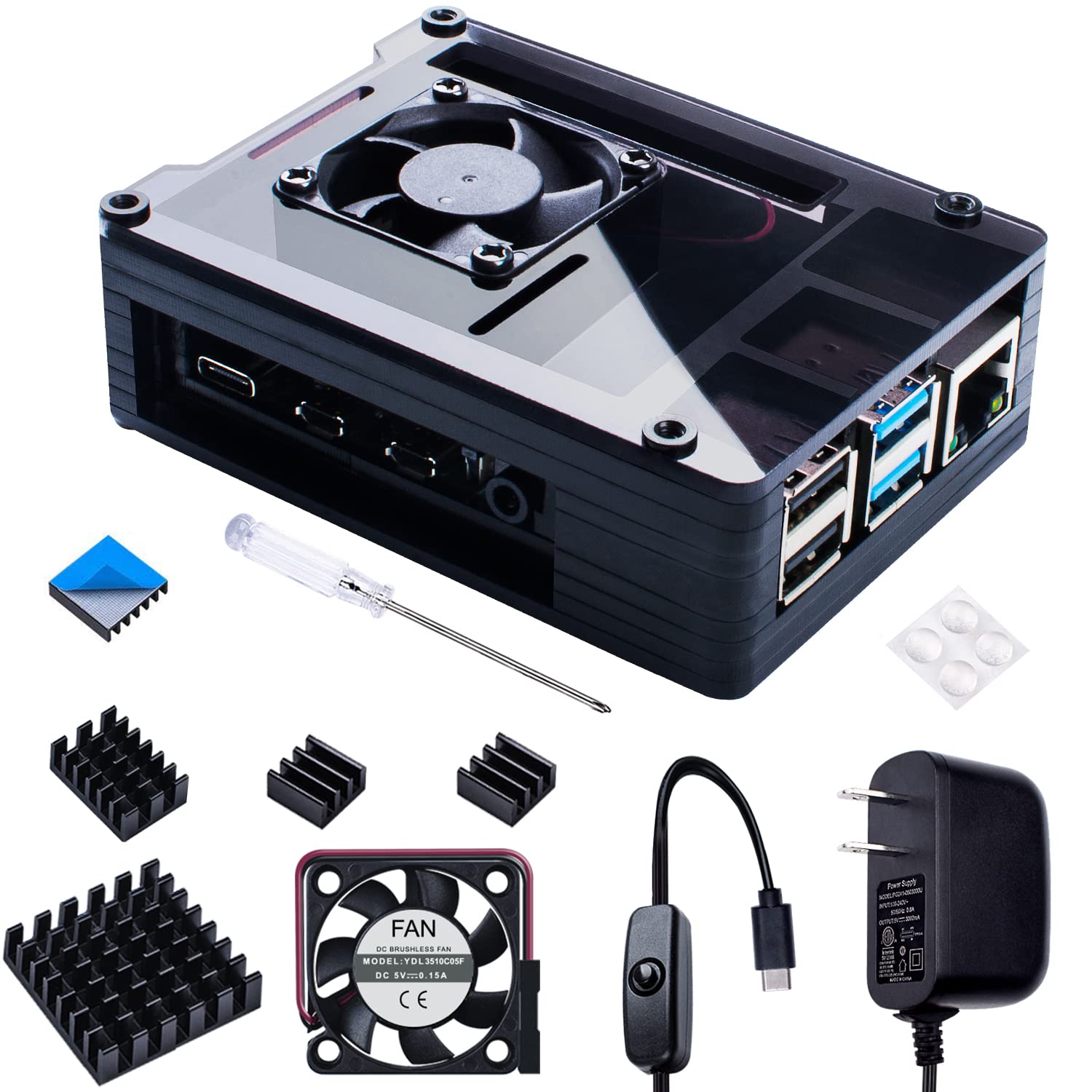 Smraza Smraza Raspberry Pi 4 Case with Cooling Fan Heatsinks and USB-C Power Supply for Model B Upgrade