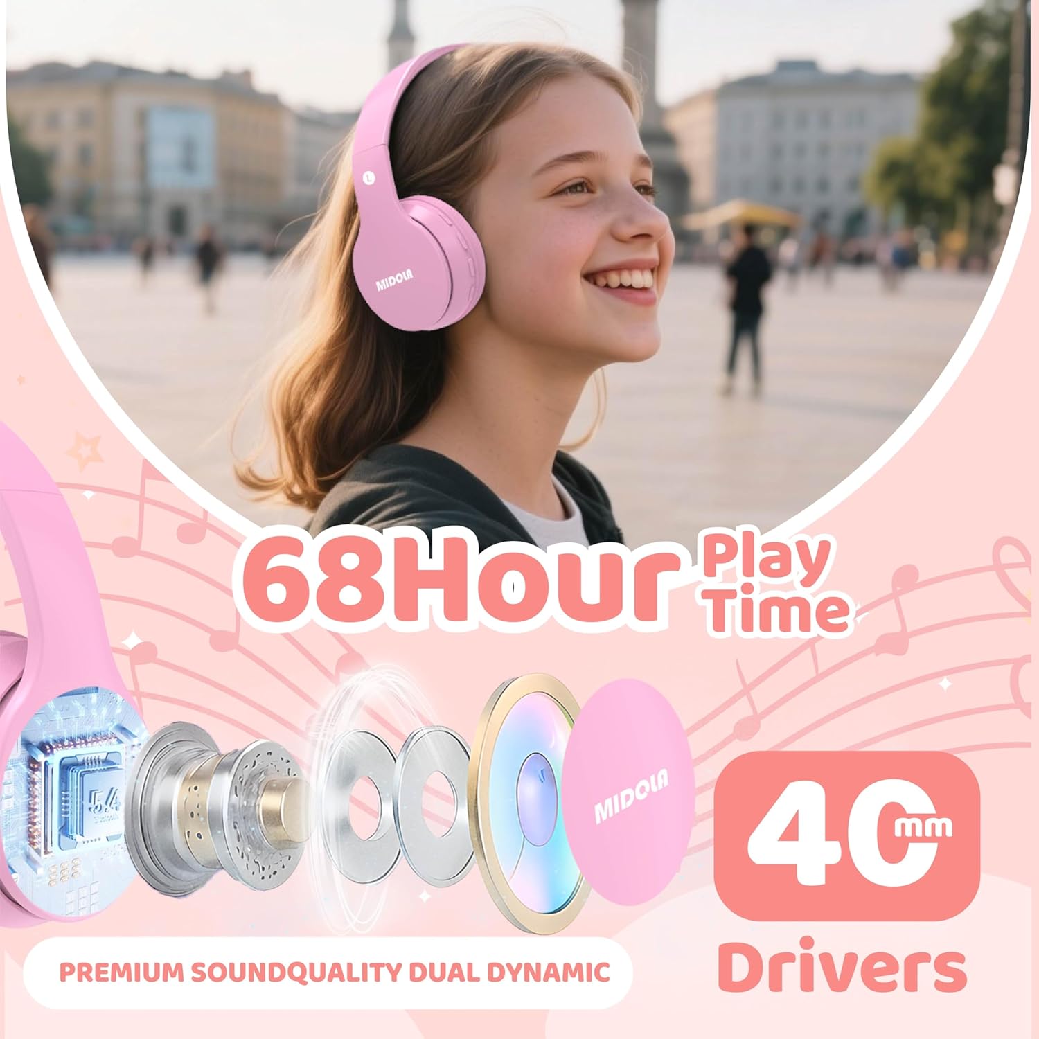 MIDOLA Midola Kids Bluetooth Headphones: 60H Playtime, Volume Limit, Foldable Design - Perfect for Travel & School (Pink) - View 2 of 7