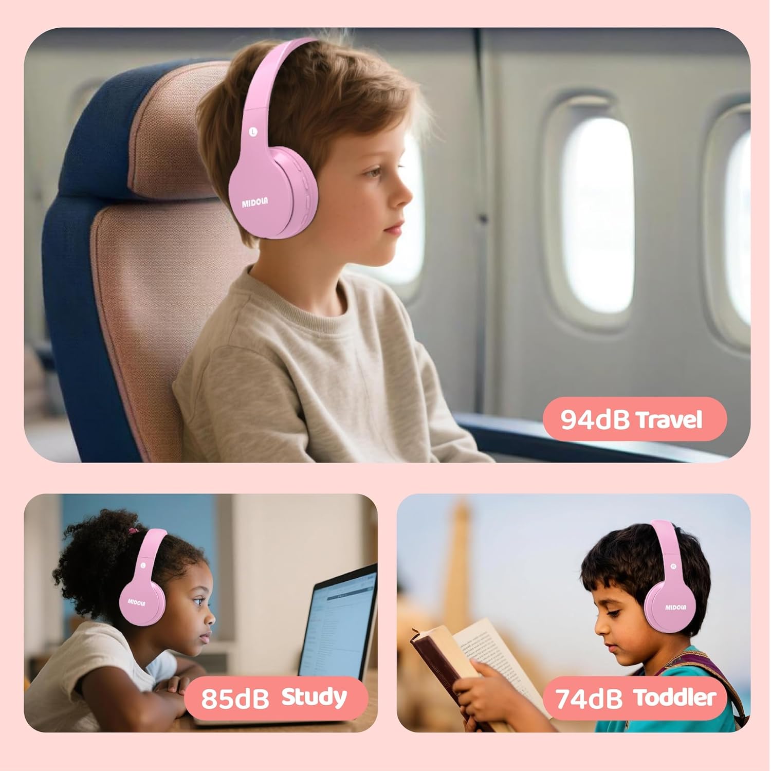 MIDOLA Midola Kids Bluetooth Headphones: 60H Playtime, Volume Limit, Foldable Design - Perfect for Travel & School (Pink) - View 4 of 7