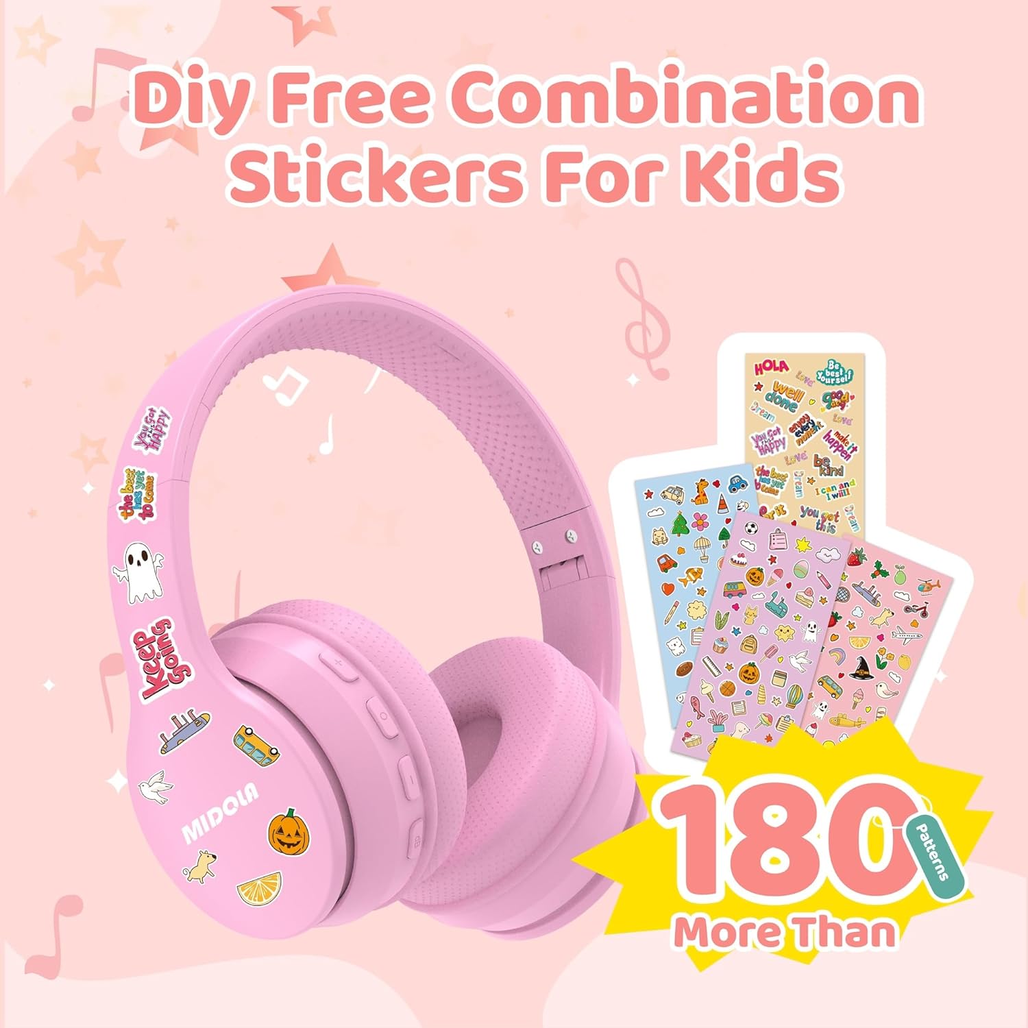 MIDOLA Midola Kids Bluetooth Headphones: 60H Playtime, Volume Limit, Foldable Design - Perfect for Travel & School (Pink) - View 5 of 7