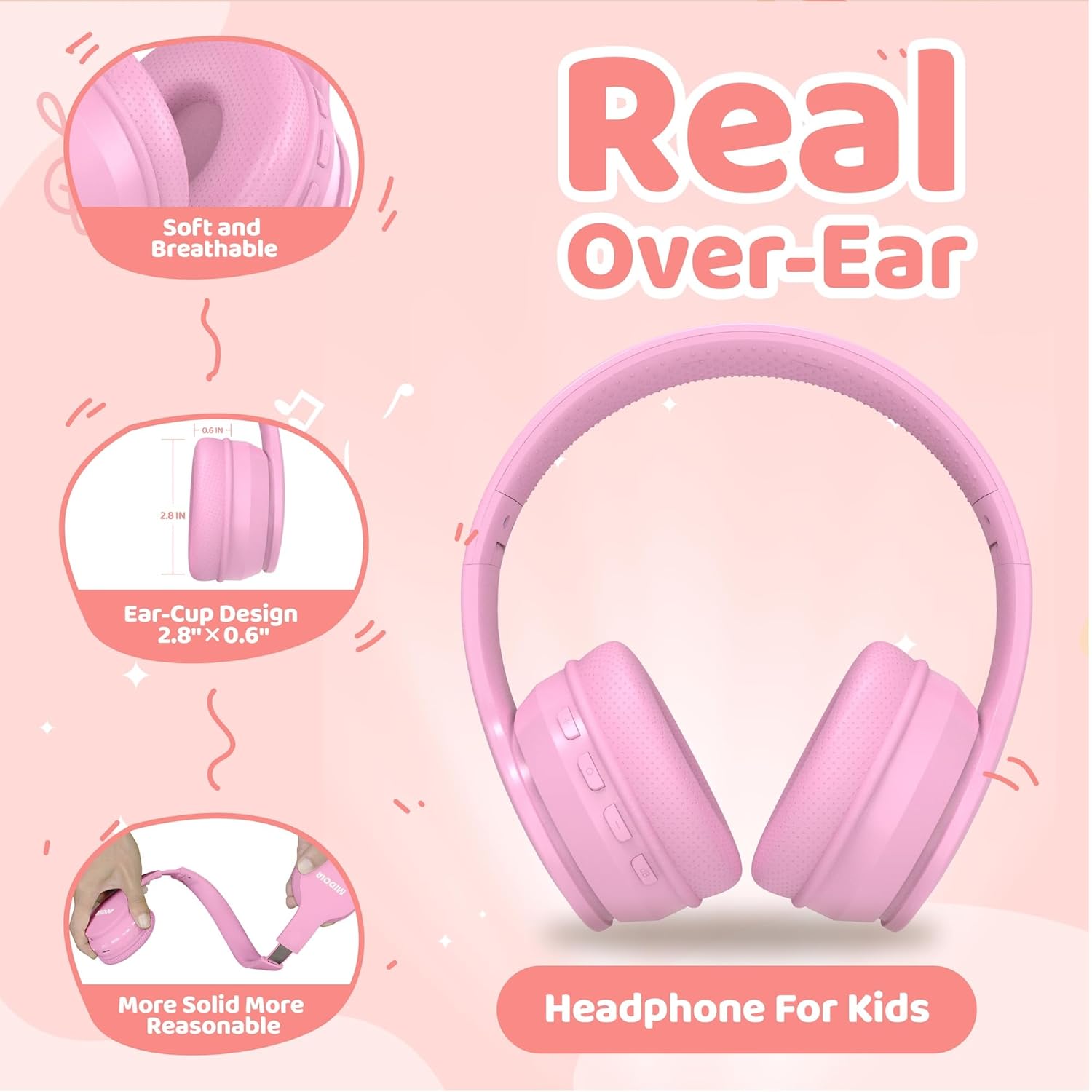 MIDOLA Midola Kids Bluetooth Headphones: 60H Playtime, Volume Limit, Foldable Design - Perfect for Travel & School (Pink) - View 6 of 7