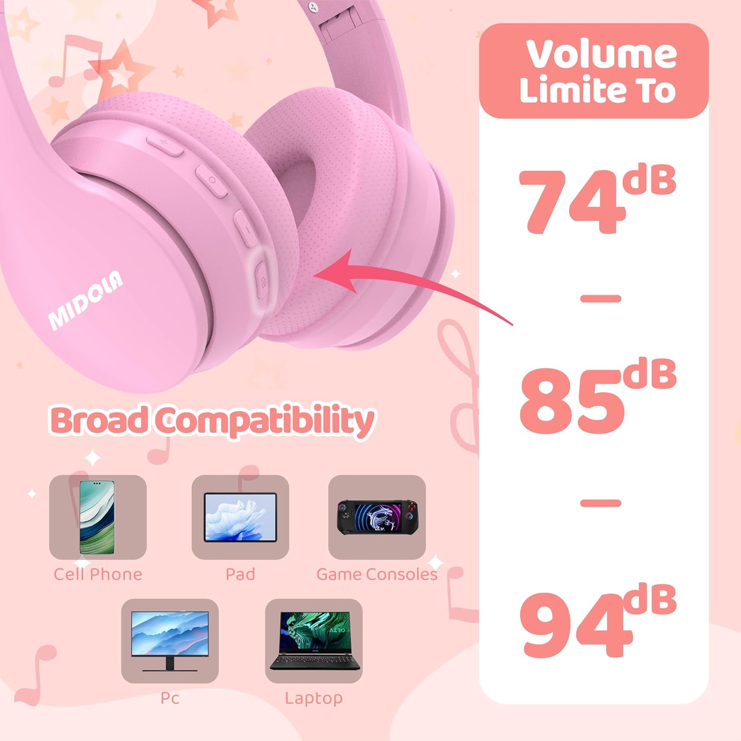 MIDOLA Midola Kids Bluetooth Headphones: 60H Playtime, Volume Limit, Foldable Design - Perfect for Travel & School (Pink) - View 7 of 7