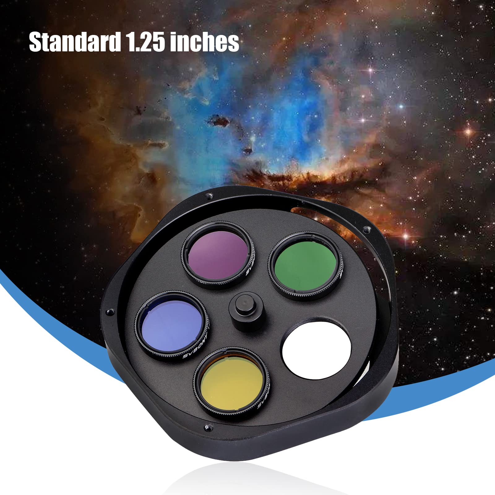 SVBONY SV133 5 Position Filter Wheel for Telescope with 1.25 Inch Eyepiece Adaptor T2 Camera Adaptor and Locking Ring - View 2 of 9