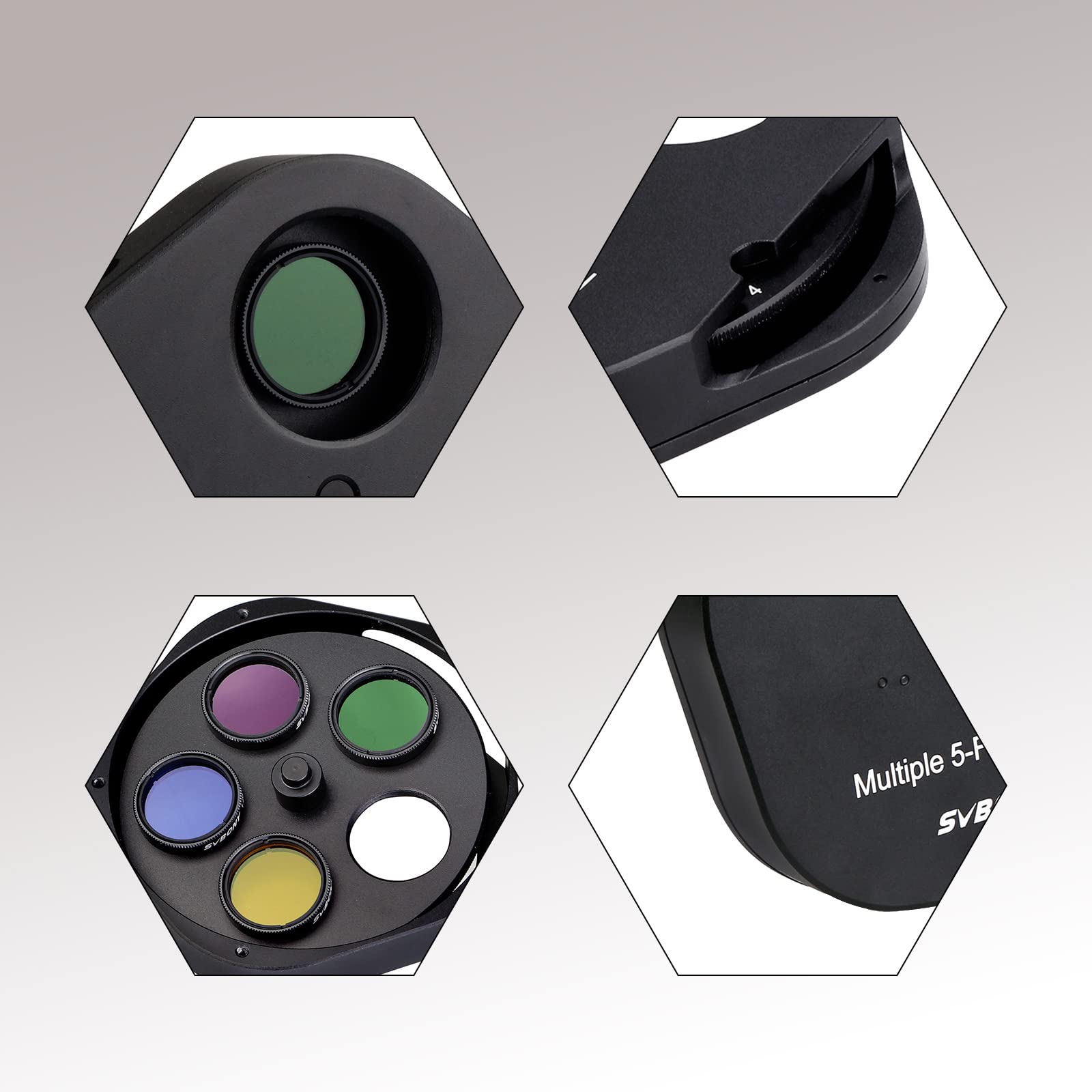 SVBONY SV133 5 Position Filter Wheel for Telescope with 1.25 Inch Eyepiece Adaptor T2 Camera Adaptor and Locking Ring - View 7 of 9