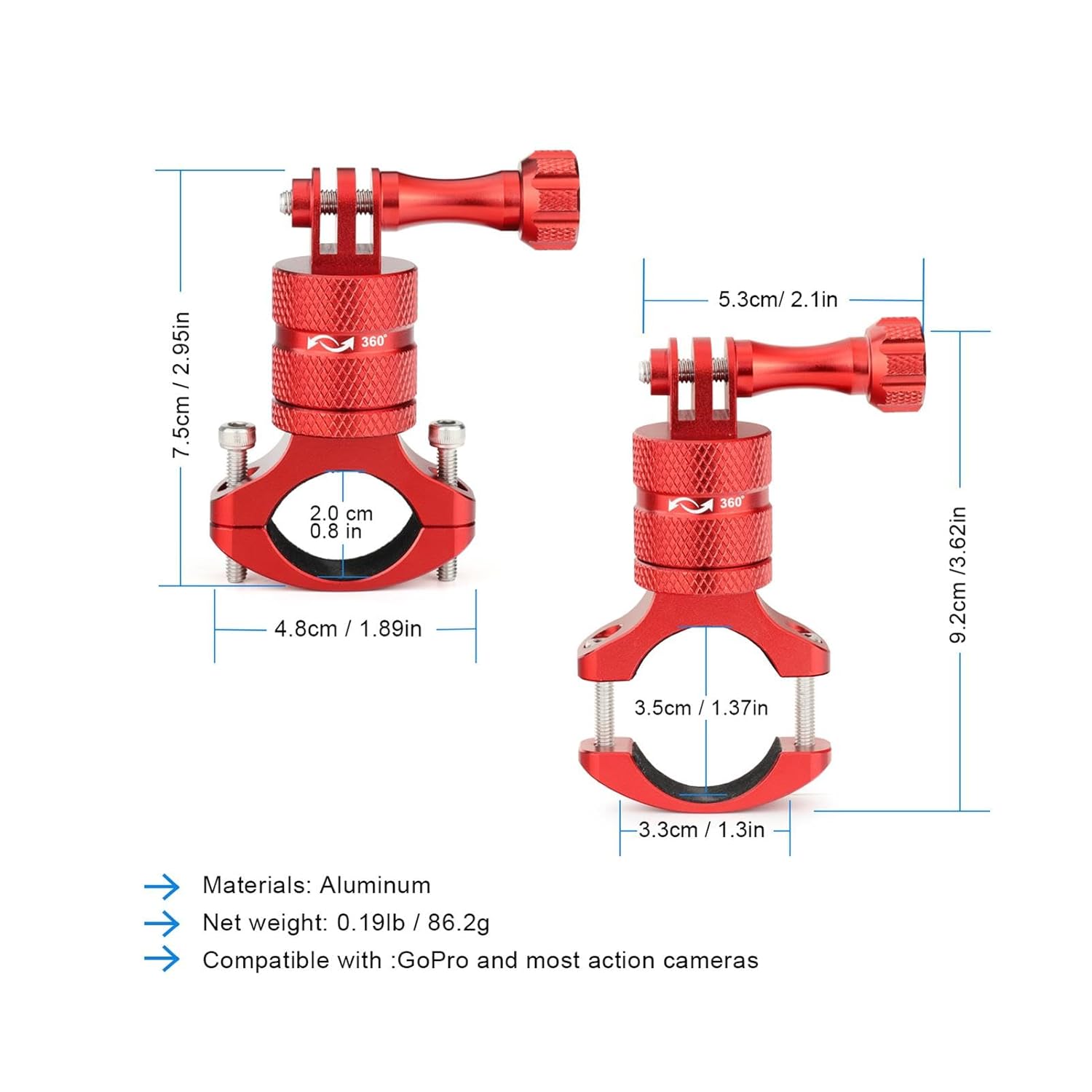 SKYJFFJ SKYJFFJ Mountain Bike Camera Handlebar Mount for GoPro Hero 8 9 10 11 12 and Action Cameras 360 Degree Rotation Aluminum Rack Holder Red - View 3 of 8