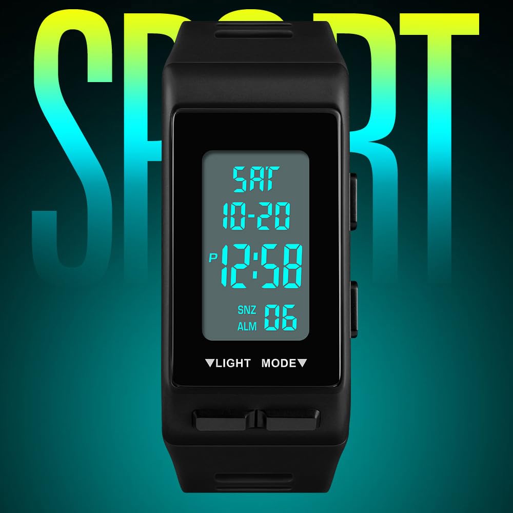 Reginald Men's Digital Sports Black Rectangular Waterproof Watch with LED Screen Large Face Military Luminous Stopwatch Alarm Clock Outdoor Use - View 3 of 8